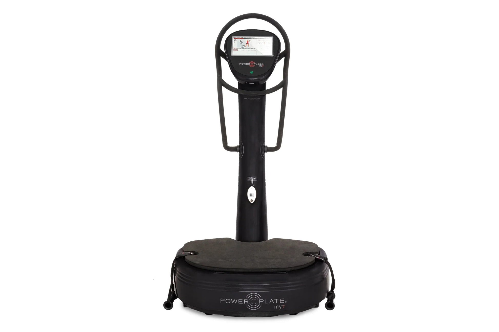 Black Power Plate My7 vibration trainer with digital display screen and handle bars, on white background