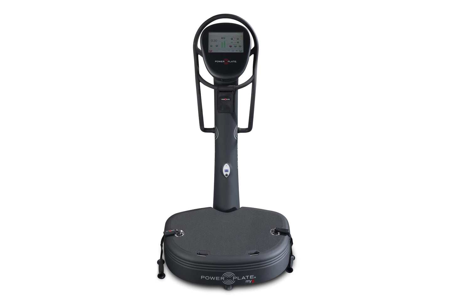 Black Power Plate My8 vibration platform trainer with digital display console and handlebar, shown on white background