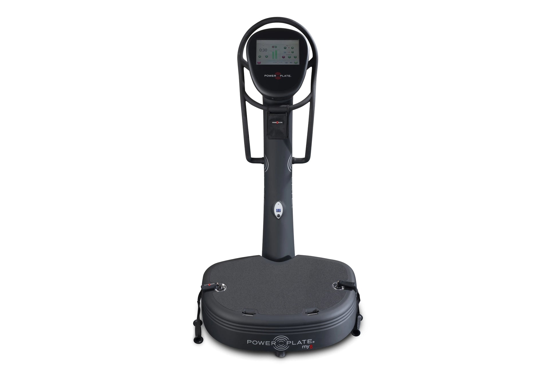 Black Power Plate My8 vibration platform trainer with digital display console and handlebar, shown on white background