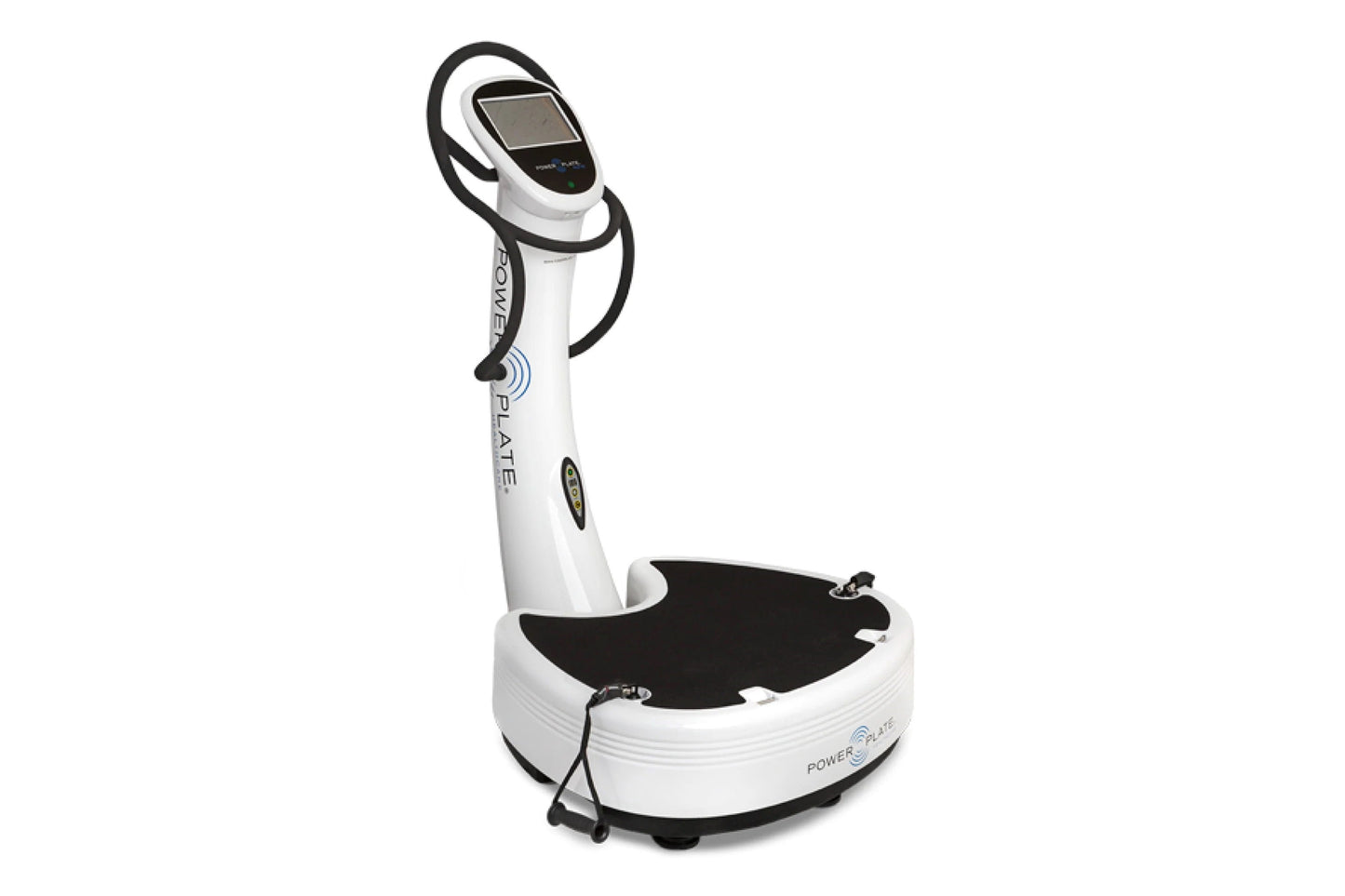 White and black Power Plate vibration plate trainer with digital display screen and handle grips, on white background
