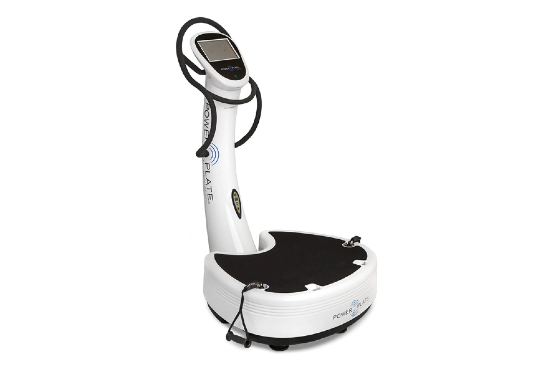 White and black Power Plate vibration plate trainer with digital display screen and handle grips, on white background