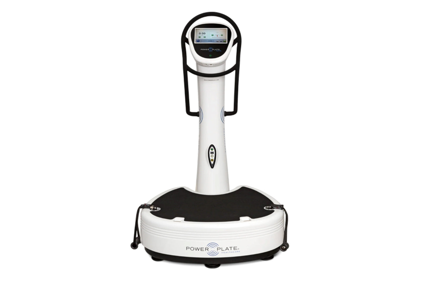 Power Plate pro7HC vibration plate trainer with white and black base, white vertical post, and digital display console on whi