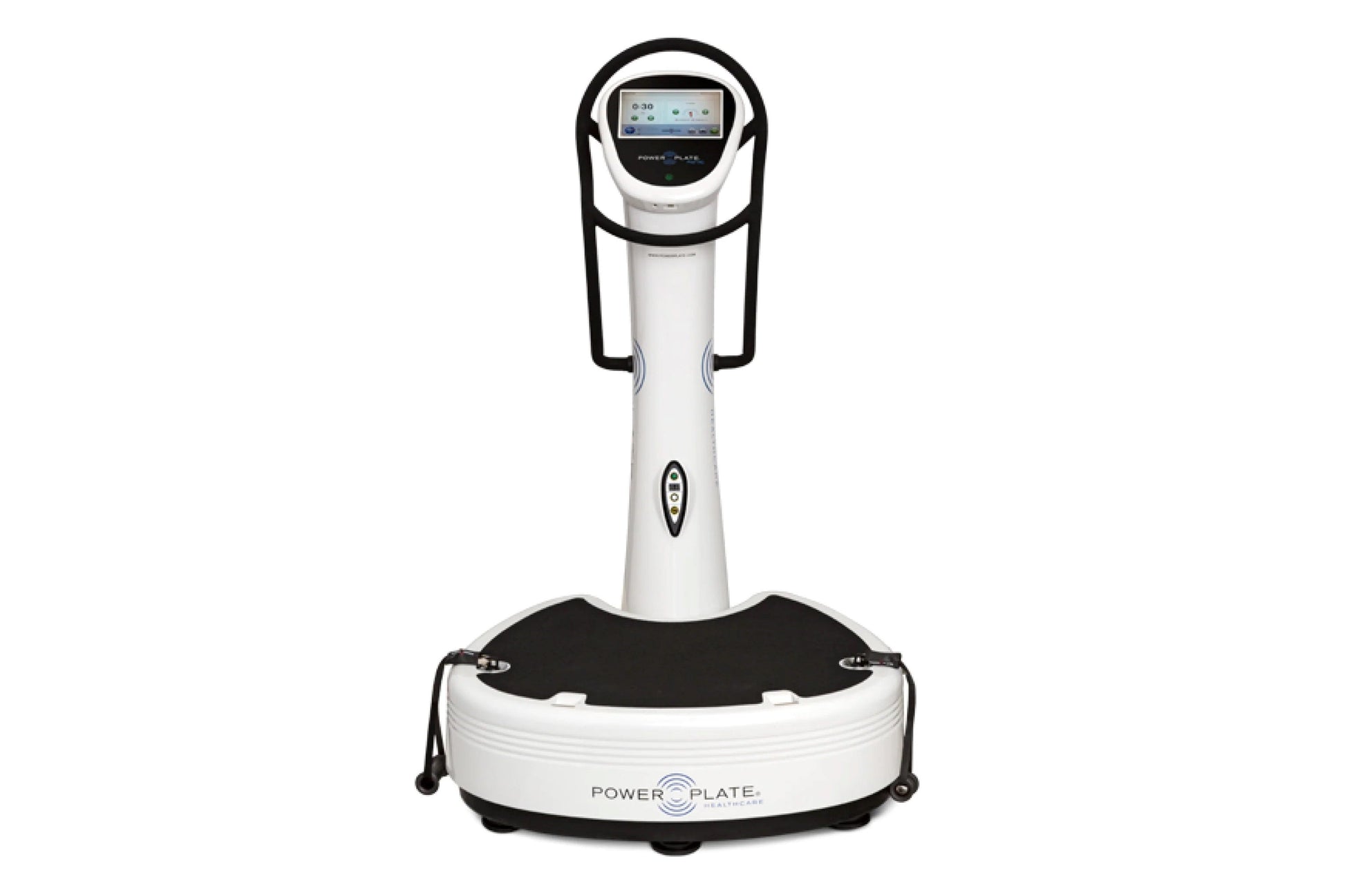 Power Plate pro7HC vibration plate trainer with white and black base, white vertical post, and digital display console on whi
