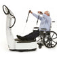 White and black Power Plate vibration plate machine with man in wheelchair using resistance cords for upper body exercise