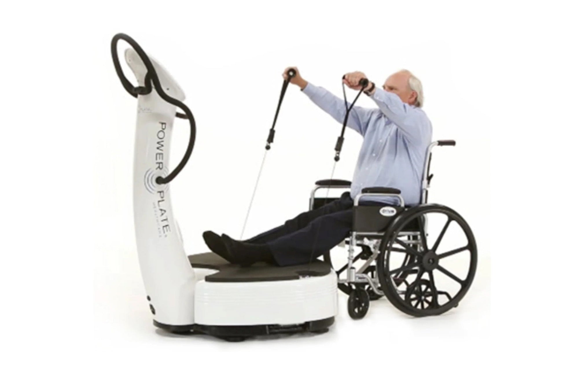 White and black Power Plate vibration plate machine with man in wheelchair using resistance cords for upper body exercise