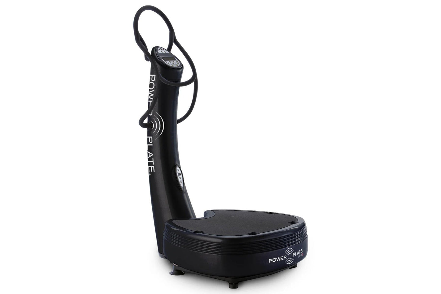 Black Power Plate Pro5 vibration platform trainer with stand and handles on white background