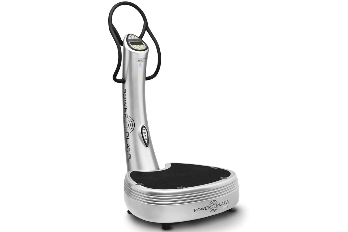 Silver Power Plate vibration platform trainer with black handholds, digital display, and black platform, on white background