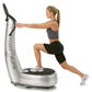 Woman using silver and black Power Plate vibration trainer with black handles, performing lunge exercise on white background