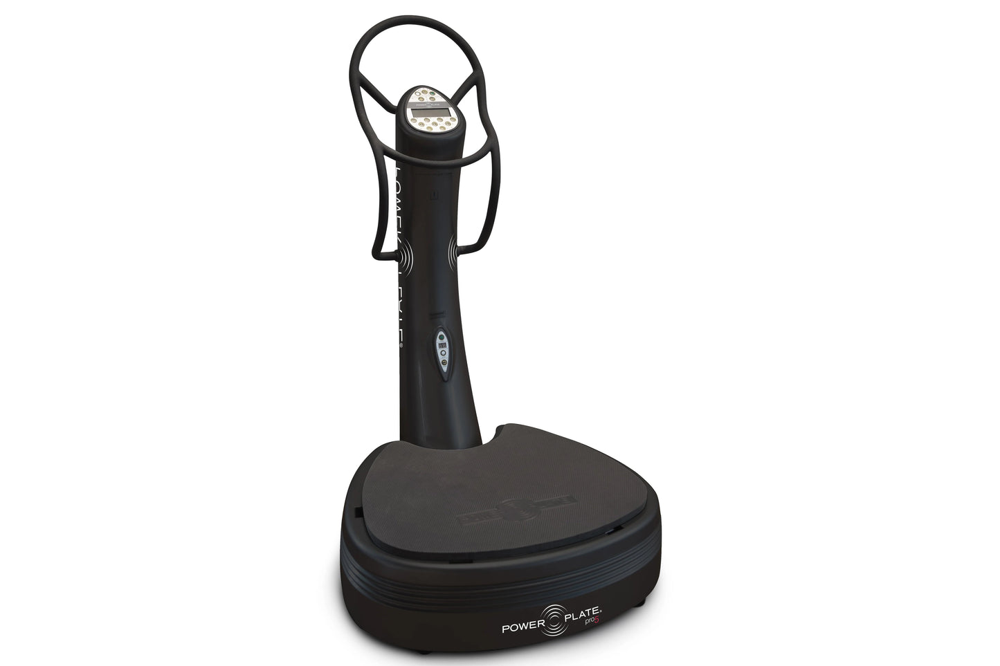 Black Power Plate Pro5 vibration fitness machine with digital display, control handles, and wide platform base on white backg