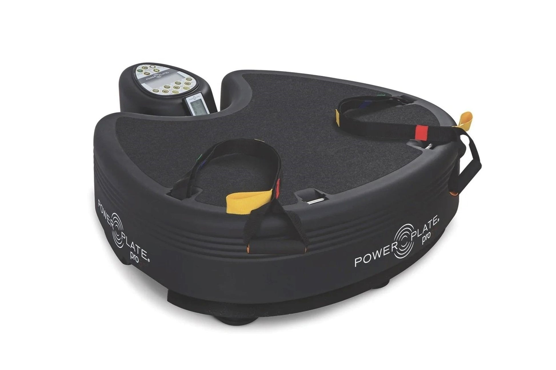 Power Plate Pro5HP black vibration platform with digital control panel, yellow and red foot pads, on white background