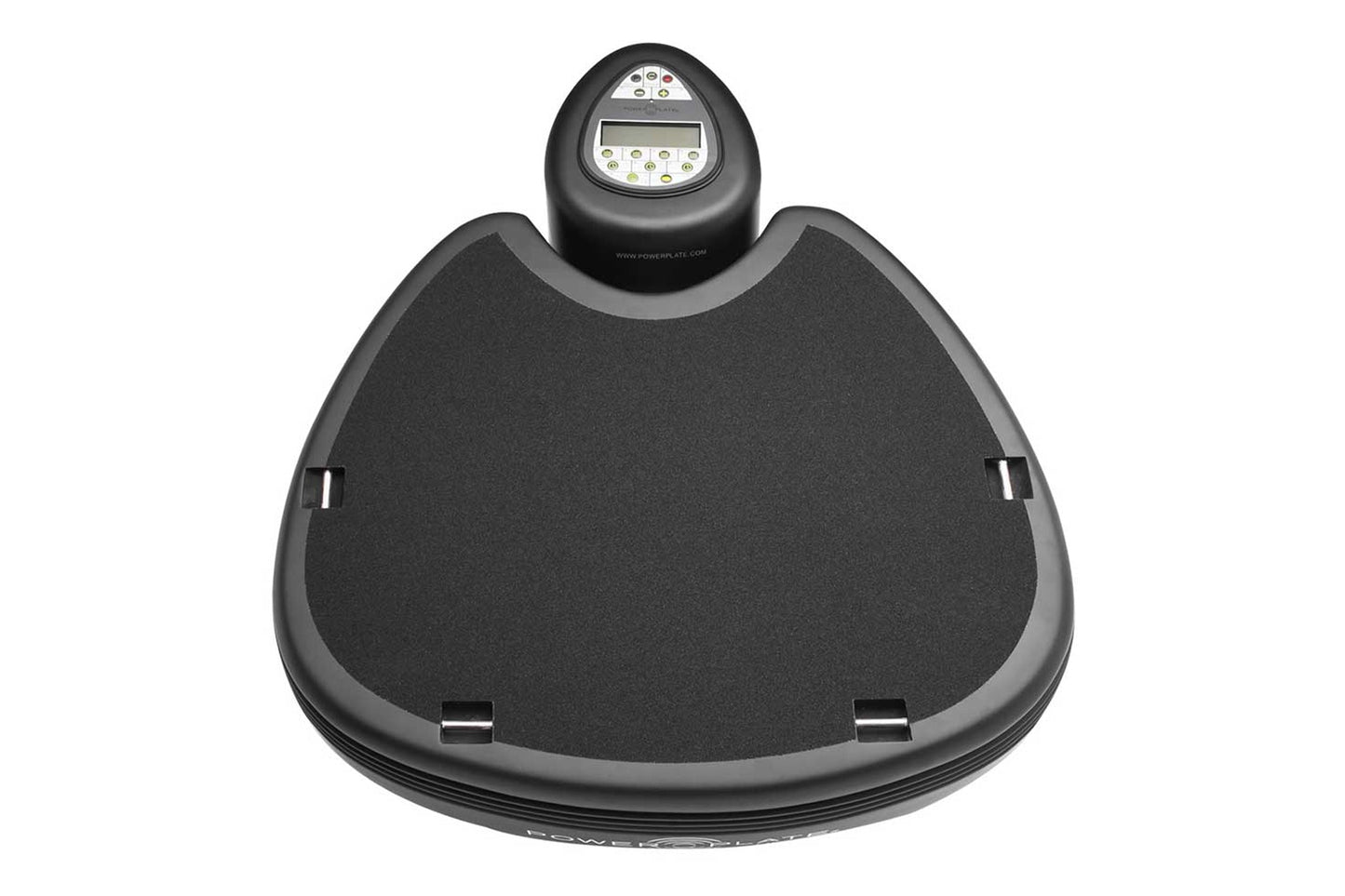 Black Power Plate Pro5HP vibration platform with digital display and textured surface, flat lay on white background