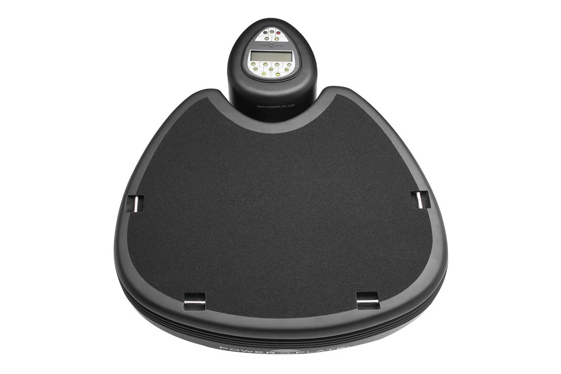 Black Power Plate Pro5HP vibration platform with digital display and textured surface, flat lay on white background