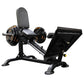 Powertec compact leg sled with black frame, padded seat back, loaded weight plates with gold markings, and adjustable footres