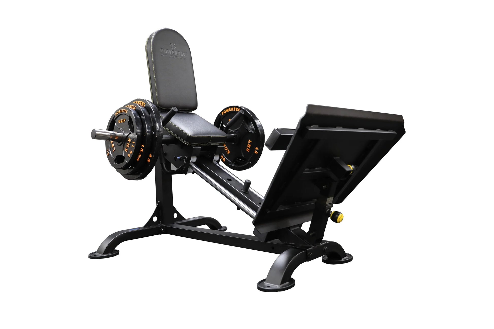Powertec compact leg sled with black frame, padded seat back, loaded weight plates with gold markings, and adjustable footres