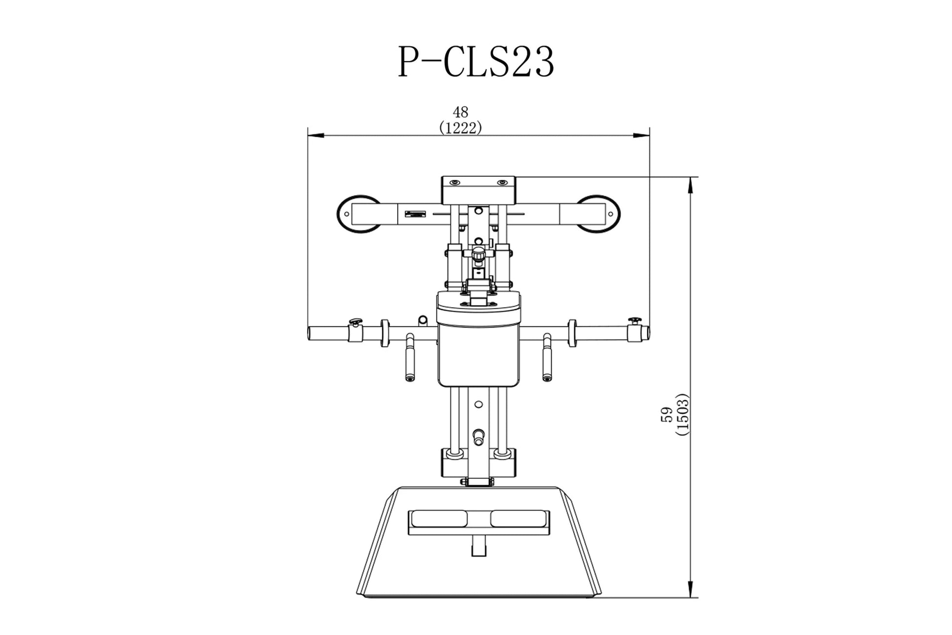 P-CLS23 compact leg sled machine, top view technical diagram showing foot platform, hydraulic cylinders, and bilateral hand g