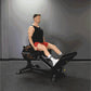 Black and red Powertec compact leg sled with plate storage, worn by male model in gym setting