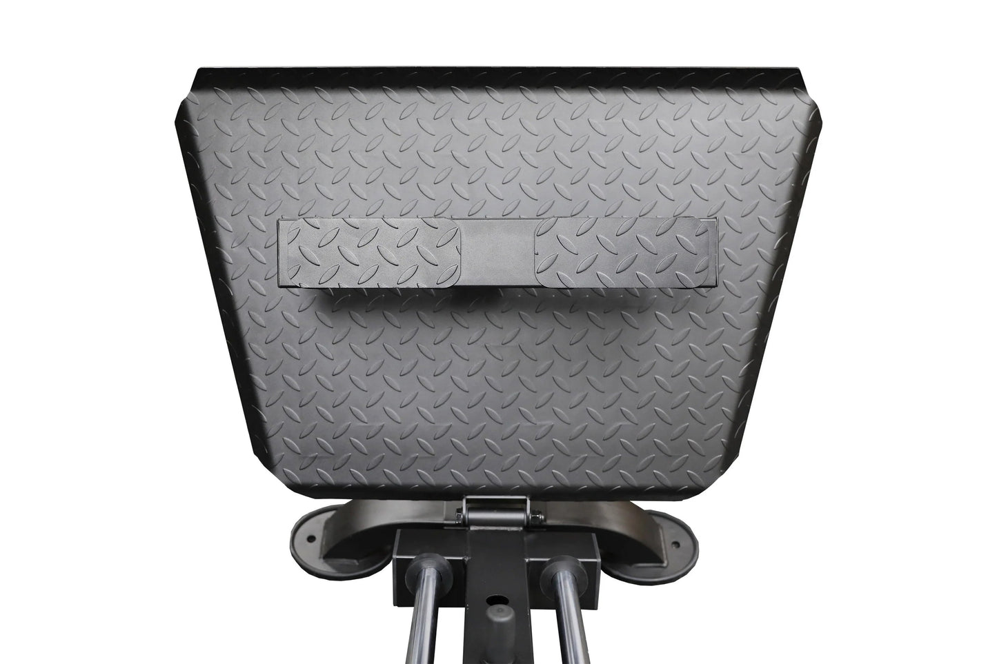 Black diamond-plate leg sled with padded footrest and mounting hardware, viewed from above on white background