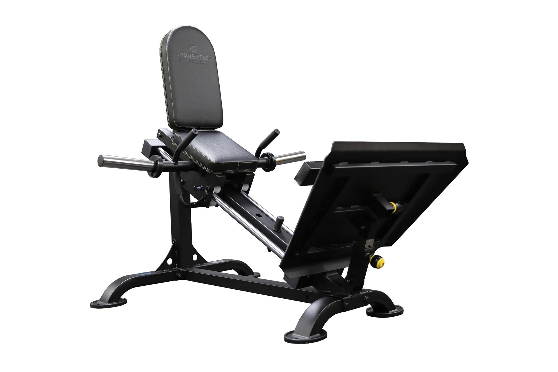 Black Powertec compact leg sled with padded seat, horizontal handles, and adjustable footplate on white background