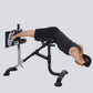 Man using black and silver hyperextension crunch machine, performing abdominal exercise on gray background
