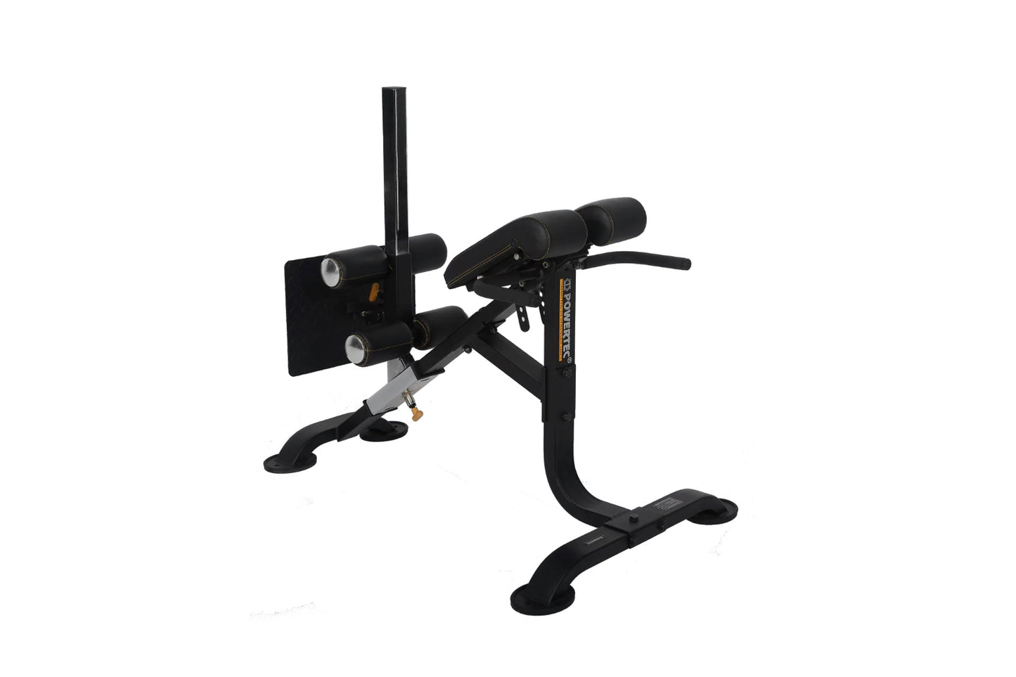 Black Powertec dual hyperextension and crunch exercise machine with padded arm handles, vertical post, and wide base on white
