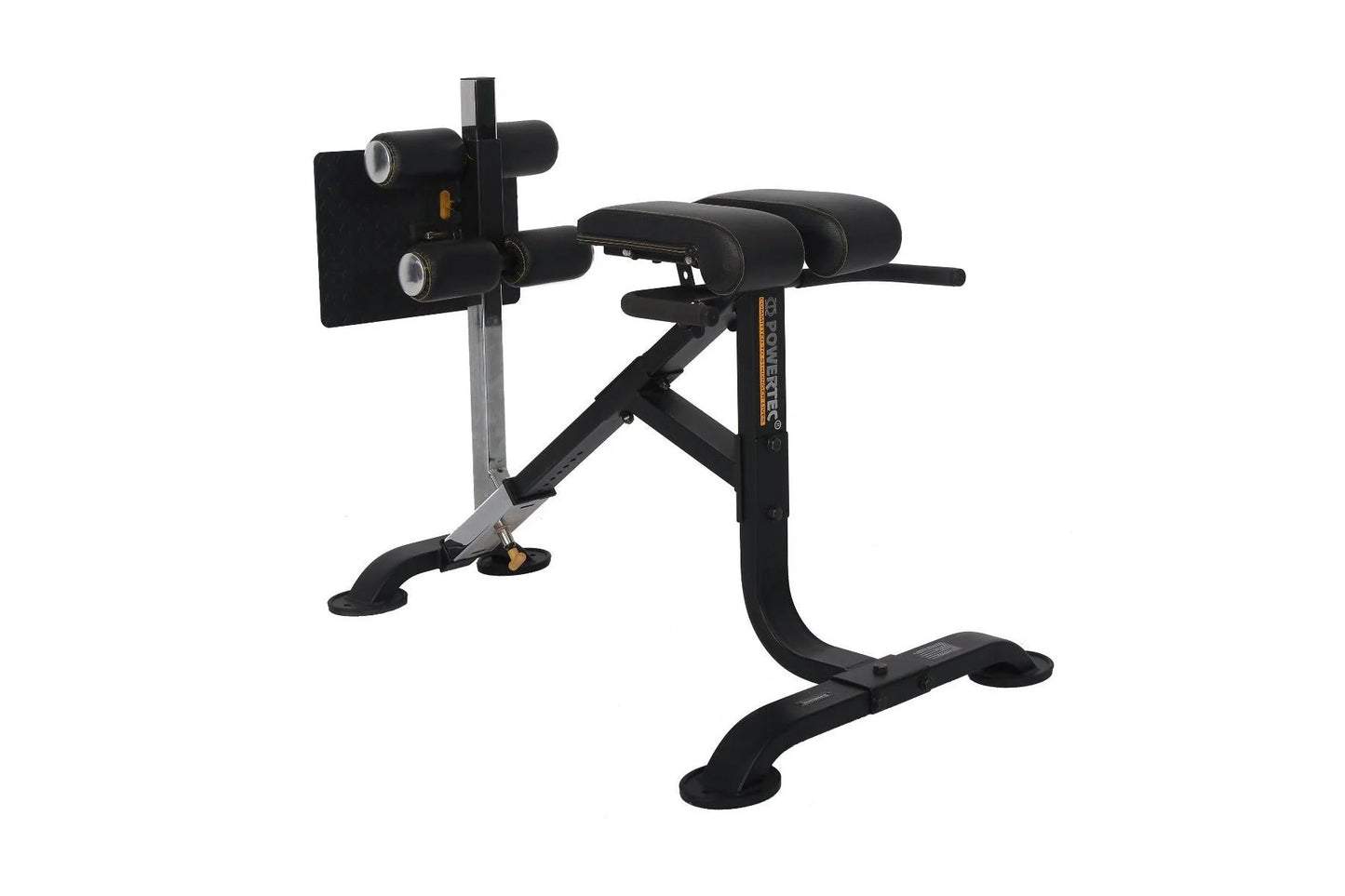 Black and gray abdominal exercise bench with padded leg attachment and adjustment levers, shown on white background