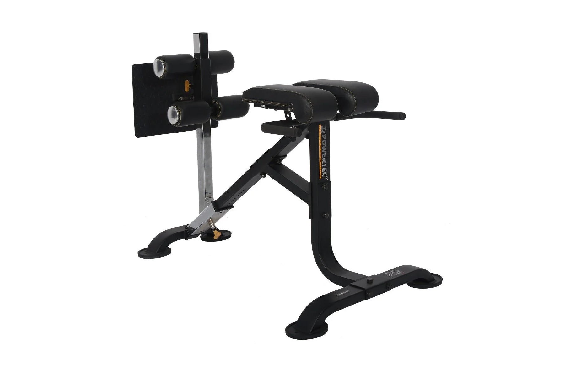 Black and gray abdominal exercise bench with padded leg attachment and adjustment levers, shown on white background