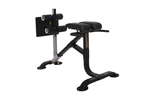 Black and gray abdominal exercise bench with padded leg attachment and adjustment levers, shown on white background