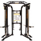 Black and silver dual-sided functional trainer with cable machines, adjustable arms, and instruction placard on white backgro