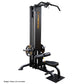 Black Powertec lat machine with gold accents, featuring vertical frame, adjustable seat, and cable arm attachment on white ba