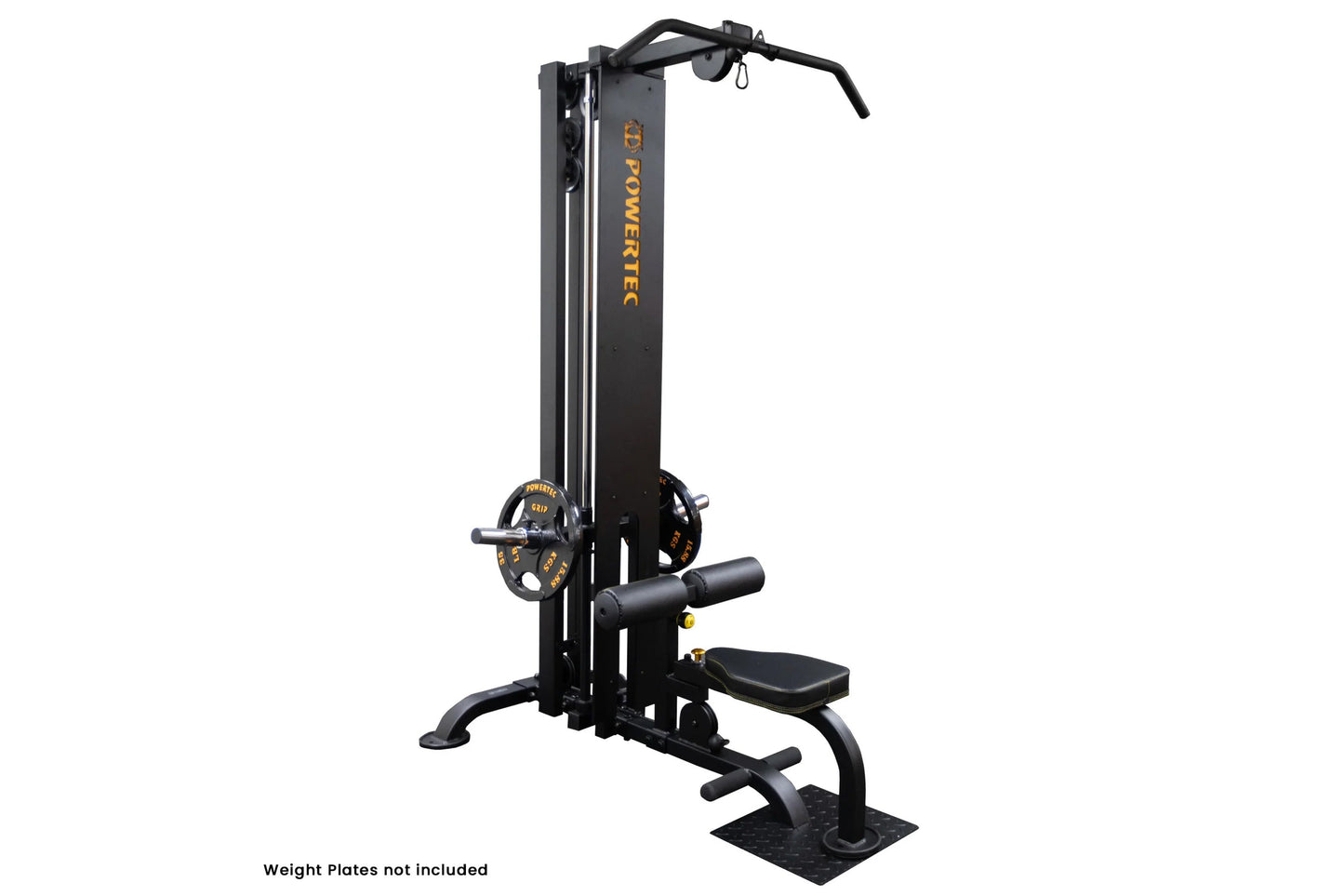 Black Powertec lat machine with gold accents, featuring vertical frame, adjustable seat, and cable arm attachment on white ba