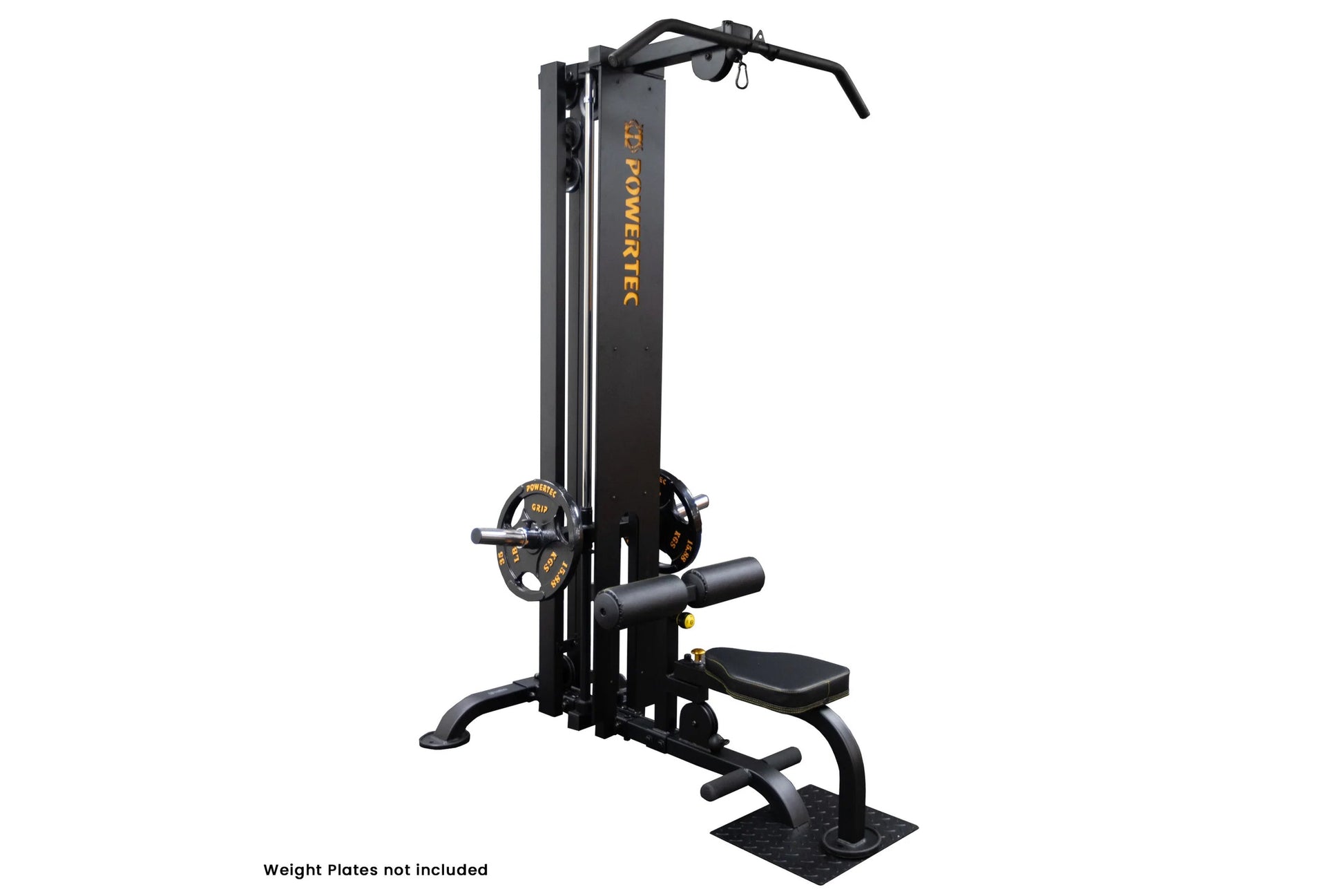 Black Powertec lat machine with gold accents, featuring vertical frame, adjustable seat, and cable arm attachment on white ba