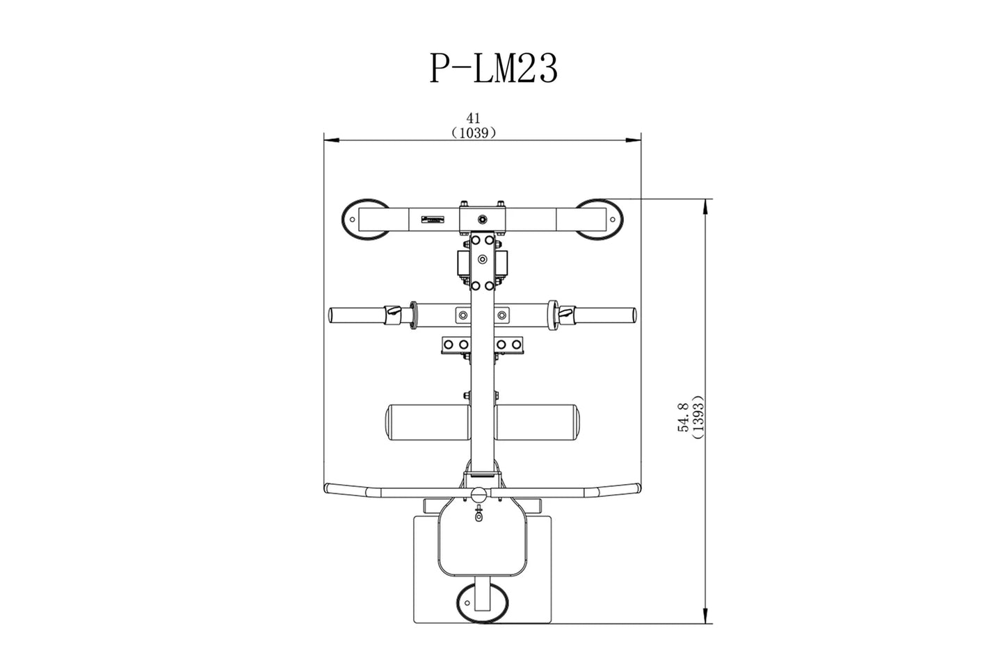Technical schematic diagram of P-LM23 lat machine showing top-down view with dimension measurements and component layout