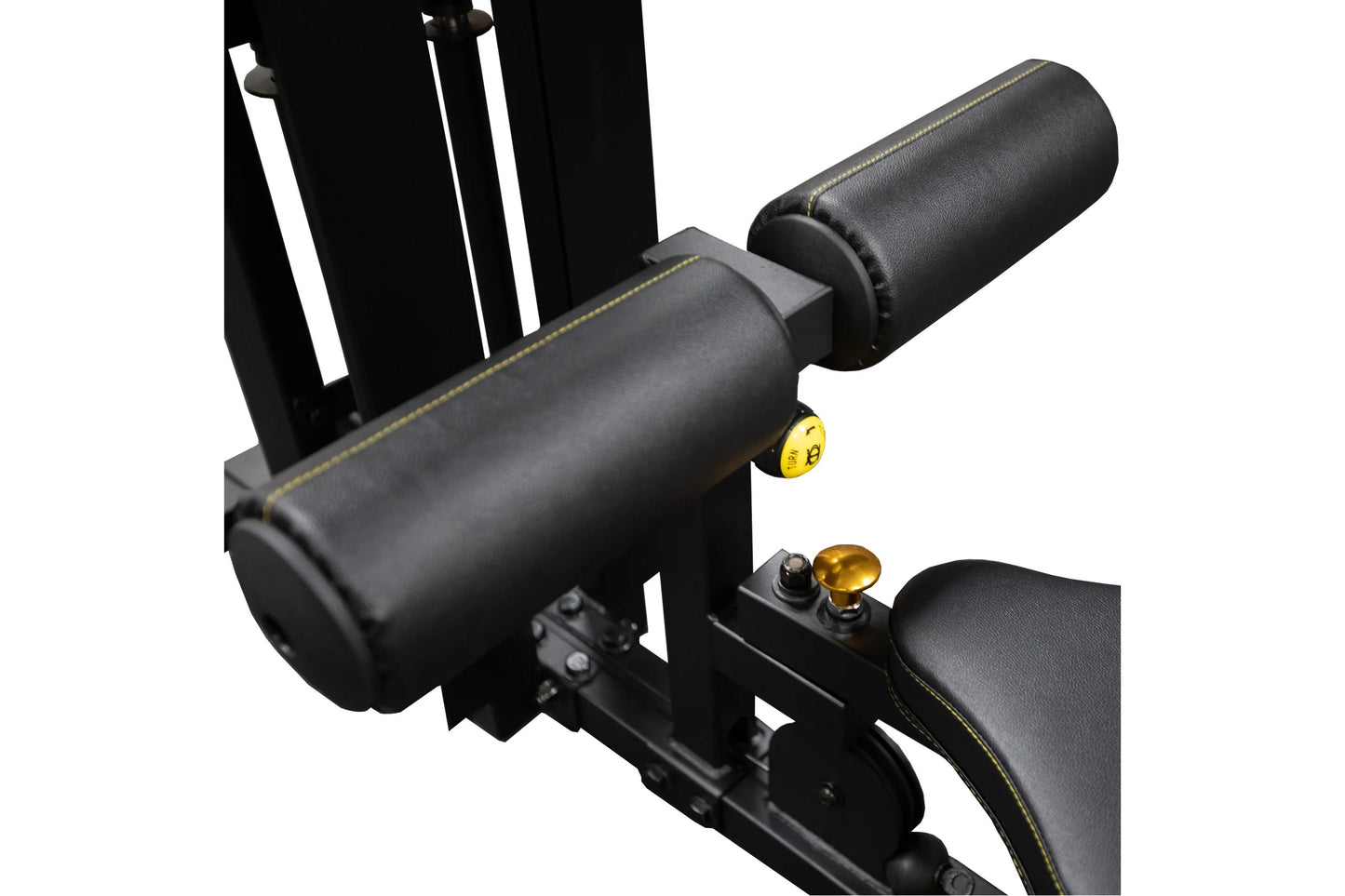 Black padded lat machine with gold-tone knobs and handles on white background