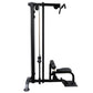 Black commercial lat pulldown machine with vertical frame, dual pulldown bars, padded seat, and footplate on white background