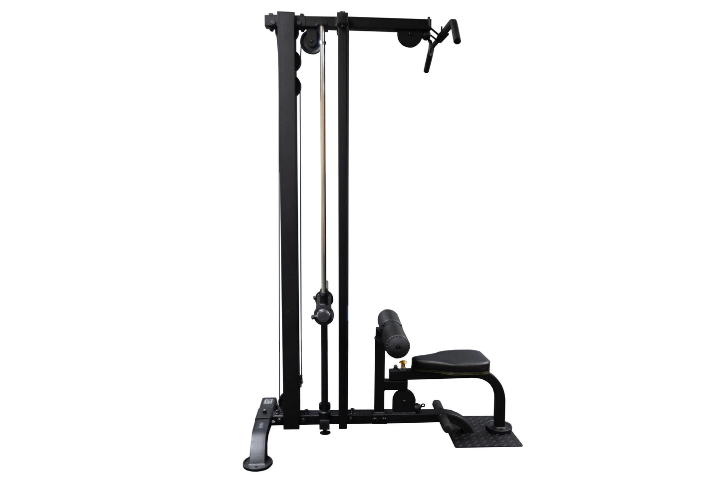 Black commercial lat pulldown machine with vertical frame, dual pulldown bars, padded seat, and footplate on white background
