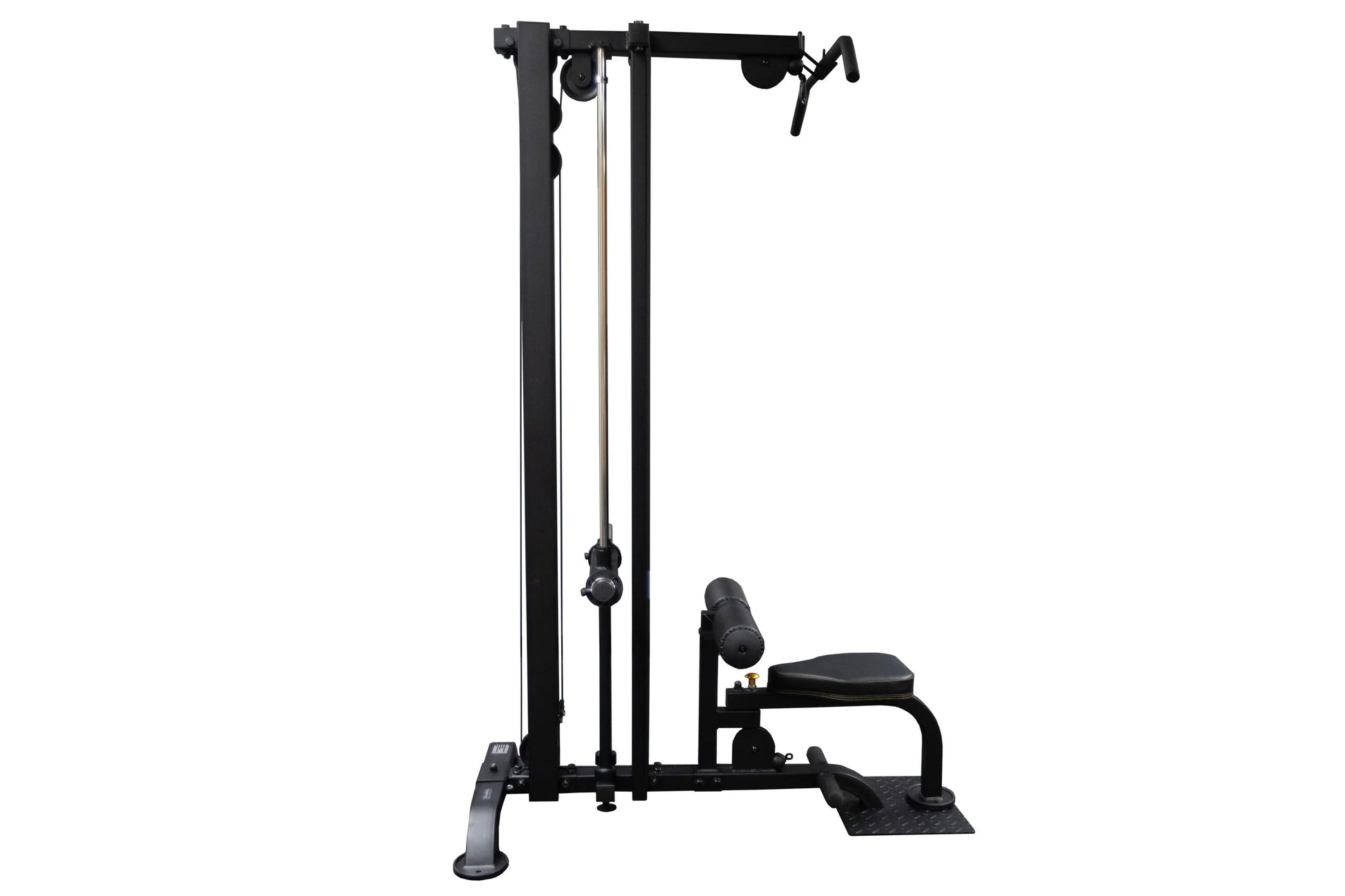 Black commercial lat pulldown machine with vertical frame, dual pulldown bars, padded seat, and footplate on white background