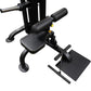 Black leg press machine with padded seat and back support, textured footplate, adjustable handles, and yellow adjustment knob