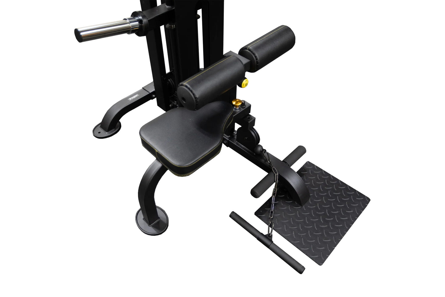 Black leg press machine with padded seat and back support, textured footplate, adjustable handles, and yellow adjustment knob