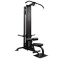 Black Powertec lat machine with vertical frame, adjustable seat, horizontal handles, and wide base on white background