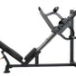 Black and gray leg press machine with padded foot platform, adjustable backrest, and metal frame on white background