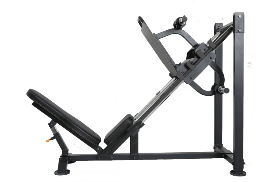 Black and gray leg press machine with padded foot platform, adjustable backrest, and metal frame on white background