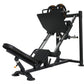 Powertec leg press machine with black frame, seat, and foot platform, dual weight plates on top, on white background