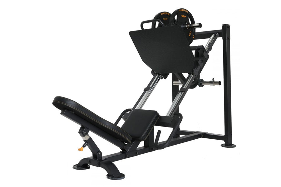 Powertec leg press machine with black frame, seat, and foot platform, dual weight plates on top, on white background