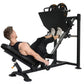 Black leg press machine with weight plates, used by male model demonstrating exercise position on white background