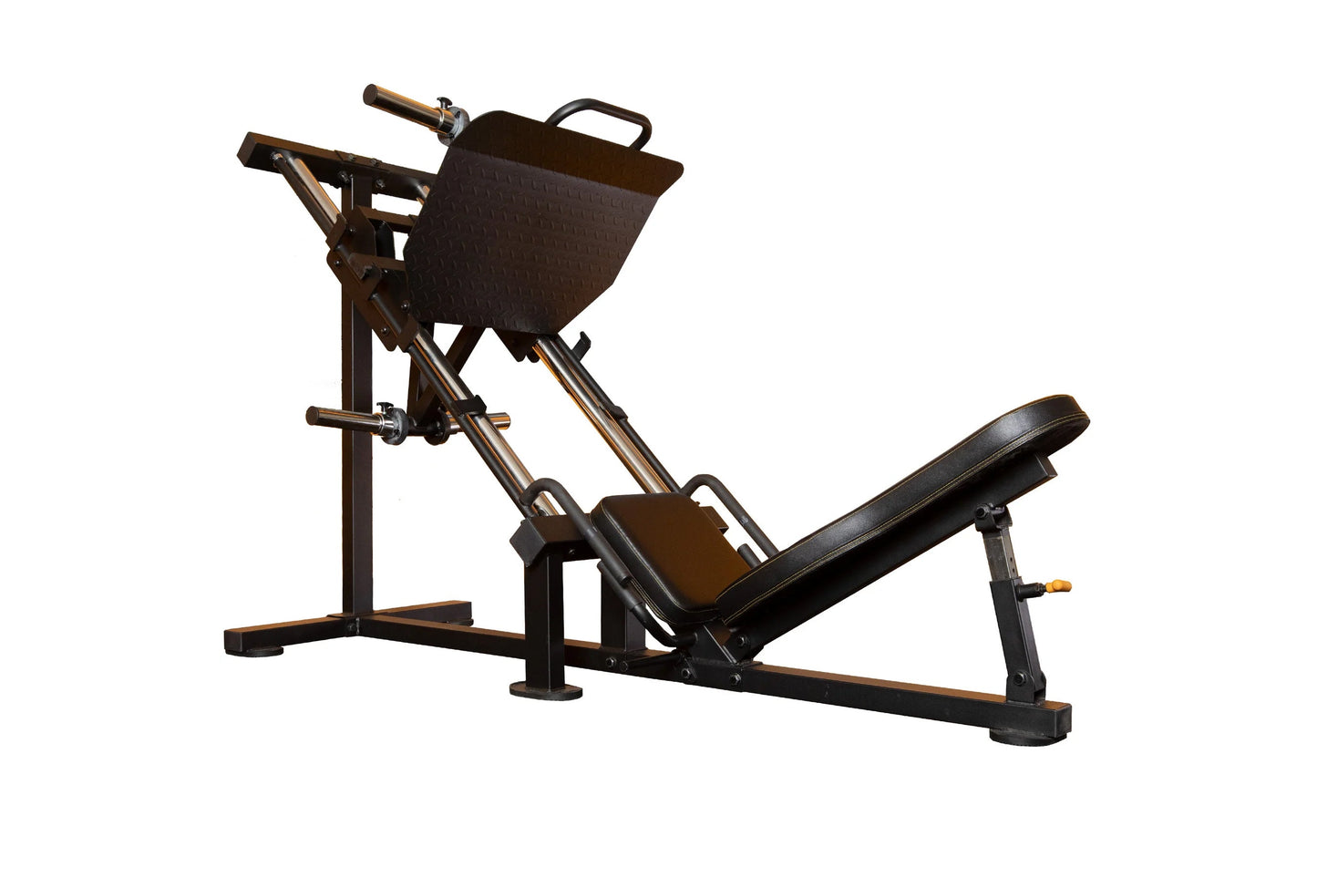 Black and bronze leg press machine with padded seat and foot platform on white background