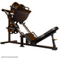 Black and bronze leg press machine with adjustable seat, weight plate pegs, and foot platform on white background