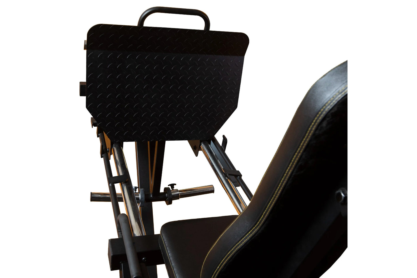 Black diamond-plate leg press machine with padded seat, metal frame, and adjustable foot platform on white background