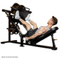 Black and gold leg press machine with padded seat, demonstrating exercise position with male model using equipment