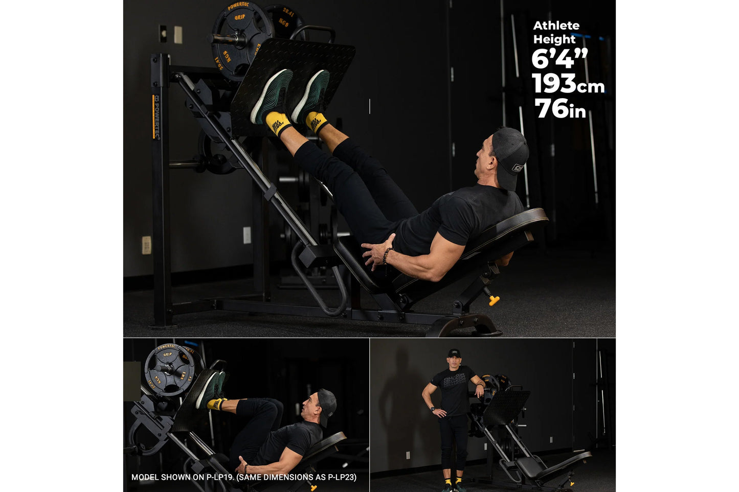 Athlete using Powertec leg press machine with yellow and black weight plates, wearing yellow and black sneakers and black wor