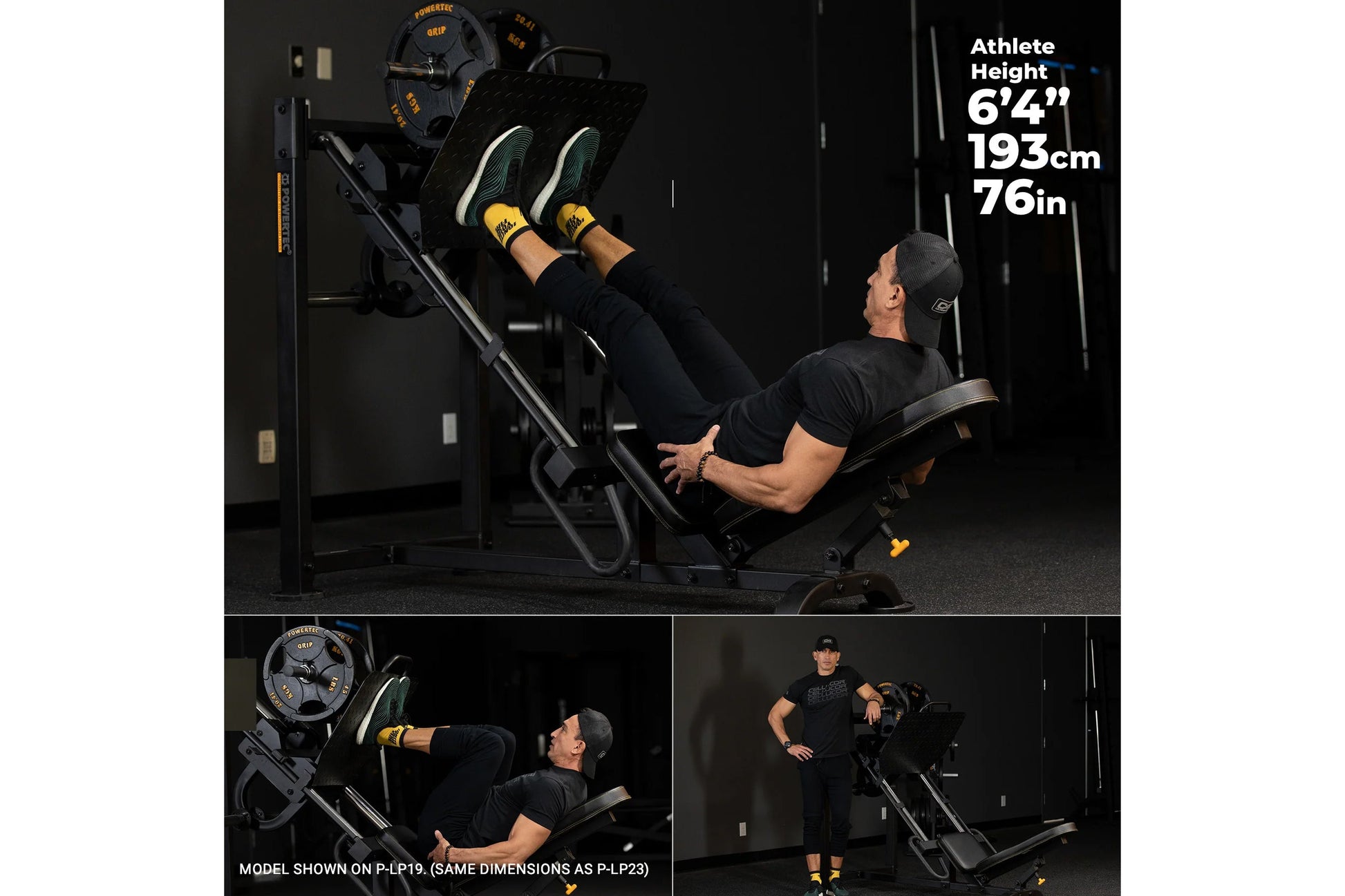 Athlete using Powertec leg press machine with yellow and black weight plates, wearing yellow and black sneakers and black wor